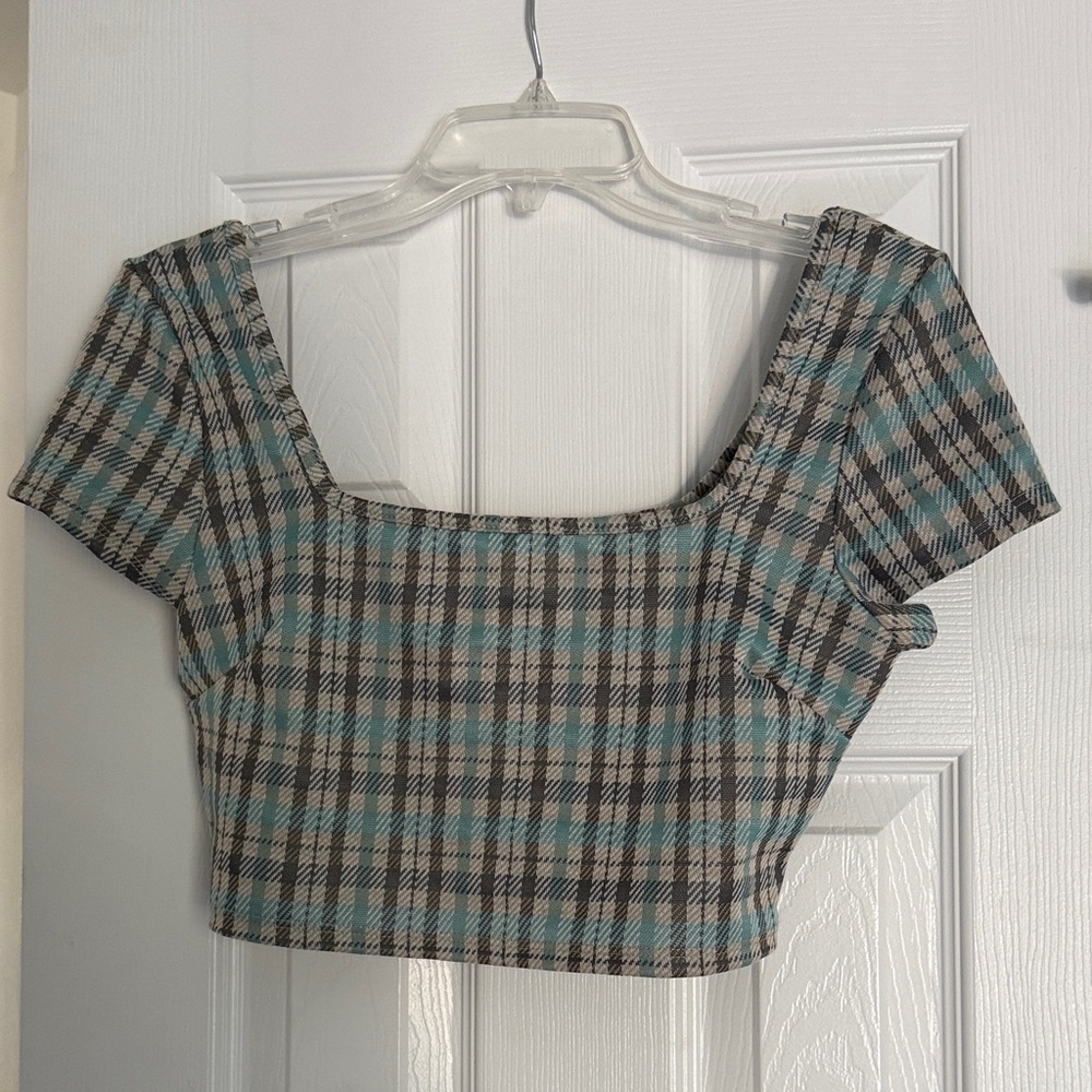 Papaya Teal and Black Checkered Crop Top
